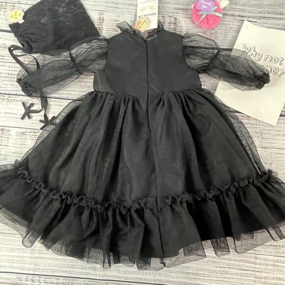 PETITE JR Baby Girl Black Dress XS 3-6 mths Bonnet Hair Bow Wedding Dedication 3 - Picture 8 of 13